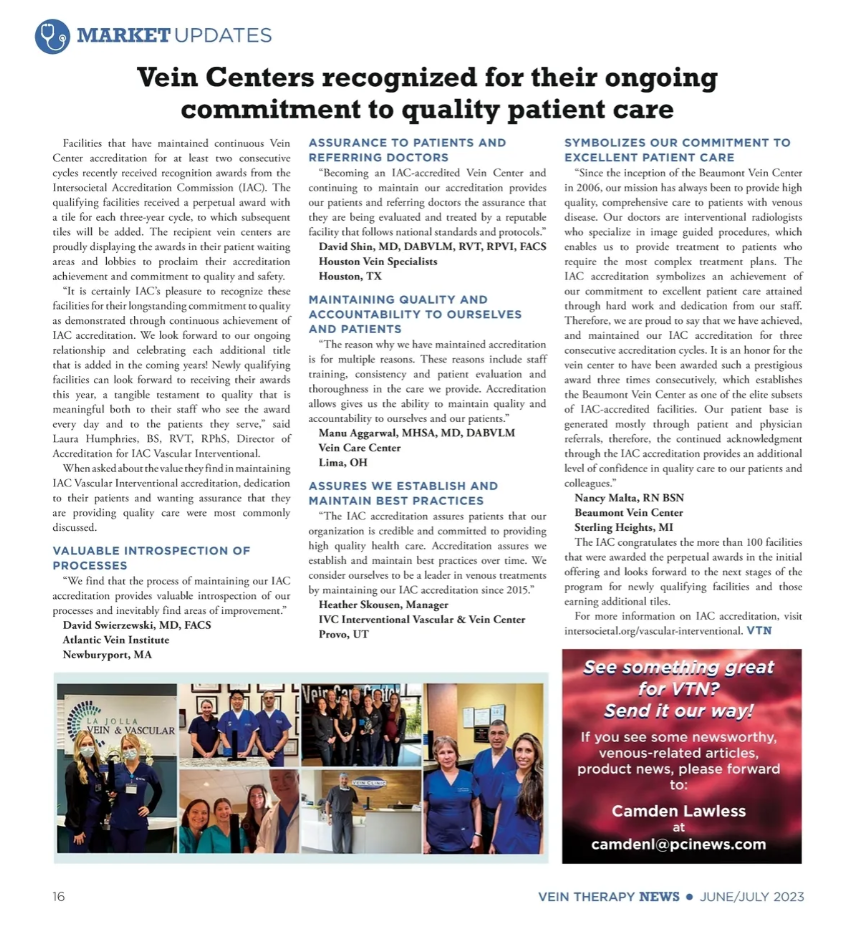 vein therapy news article recognizing 5 vein centers for achieving continued accreditation